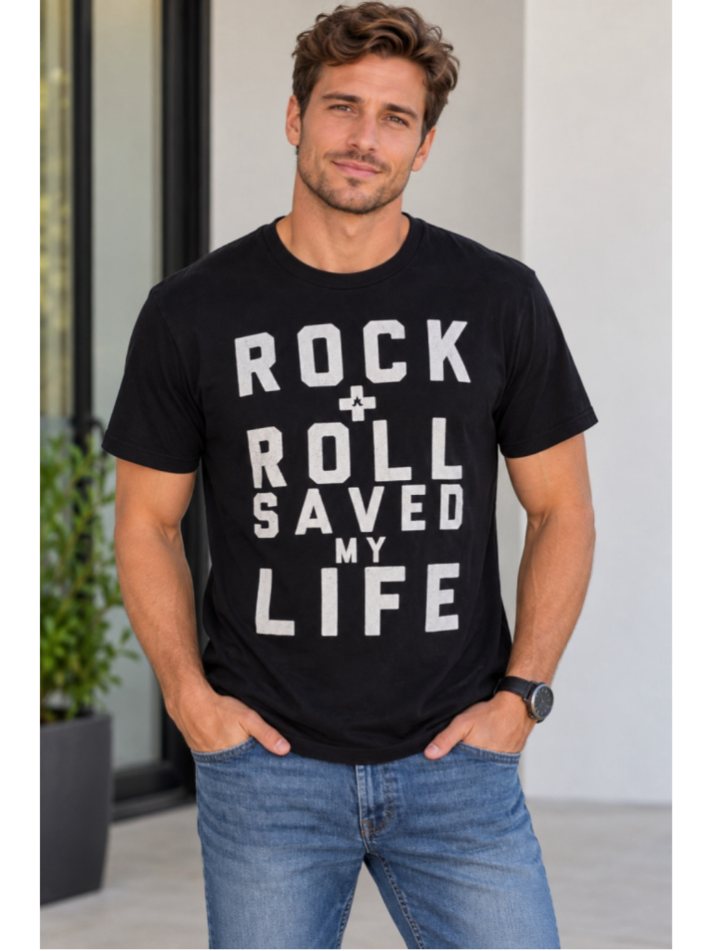 Next Level Apparel Rock & Roll Saved My Life Graphic Tee Black Men’s Size L